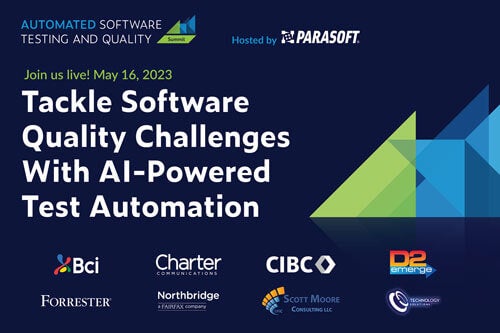 Banner showing the Automated Software Testing Quality Summit logo top left and Parasoft logo top middle. Text: Join us live! May 16, 2023 Tackle Software Quality Challenges With AI-Powered Test Automation. To the right is an image of triangles in green and blue in different directions overlapping each other. At the bottom are company logos: BC, Charter, CIBC, D2 emerge, Forrester, Northbridge, Scott Moore Consulting, LLC and Technology Solutions Latam.