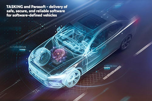 Abgewinkelte Draufsicht auf ein viertüriges Auto, das hinten solide erscheint und nach vorne und durch die vordere Motorhaube transparent wird. Bildunterschrift: TASKING und Parasoft – Bereitstellung sicherer und zuverlässiger Software für softwaredefinierte Fahrzeuge