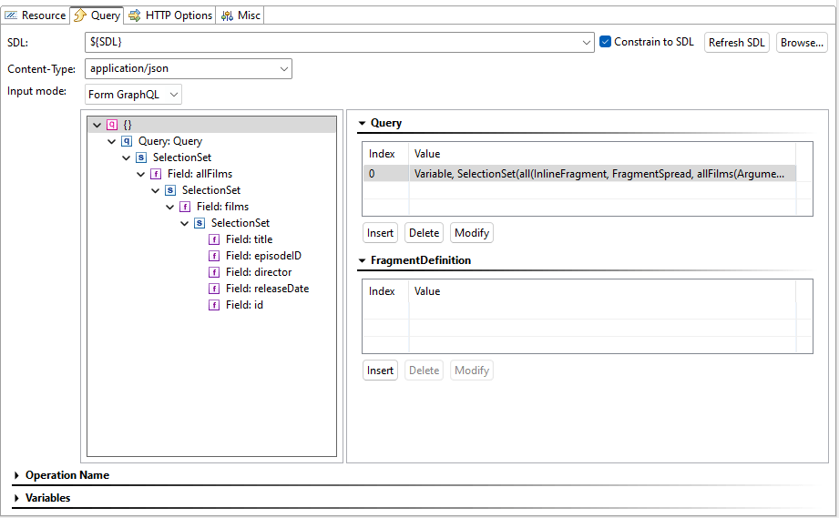 Capture d'écran de Parasoft SOAtest montrant le client GraphQL.