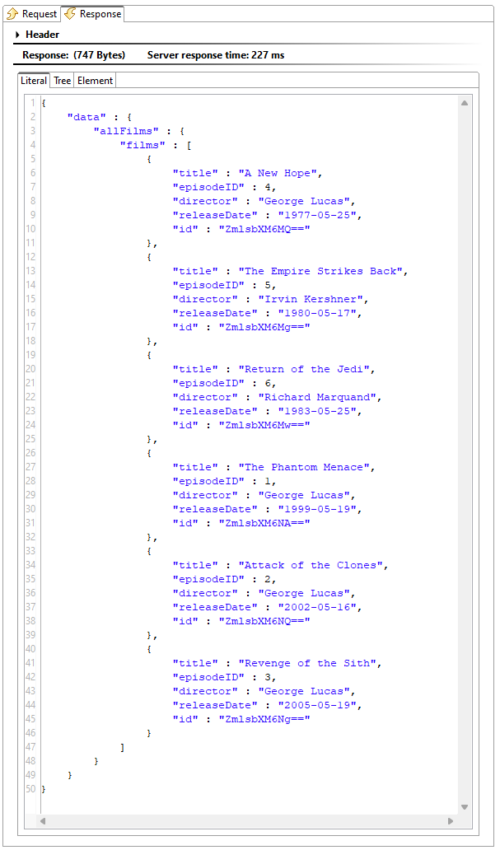 Captura de pantalla de Parasoft SOAtest que muestra una consulta de GraphQL.