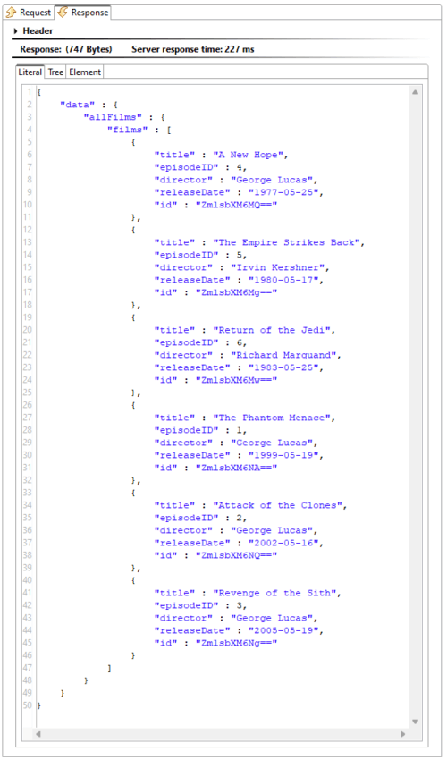 Capture d'écran de Parasoft SOAtest montrant une requête GraphQL.