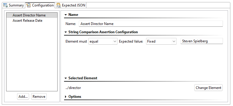 Captura de pantalla de Parasoft SOAtest que muestra el asertor JSON.