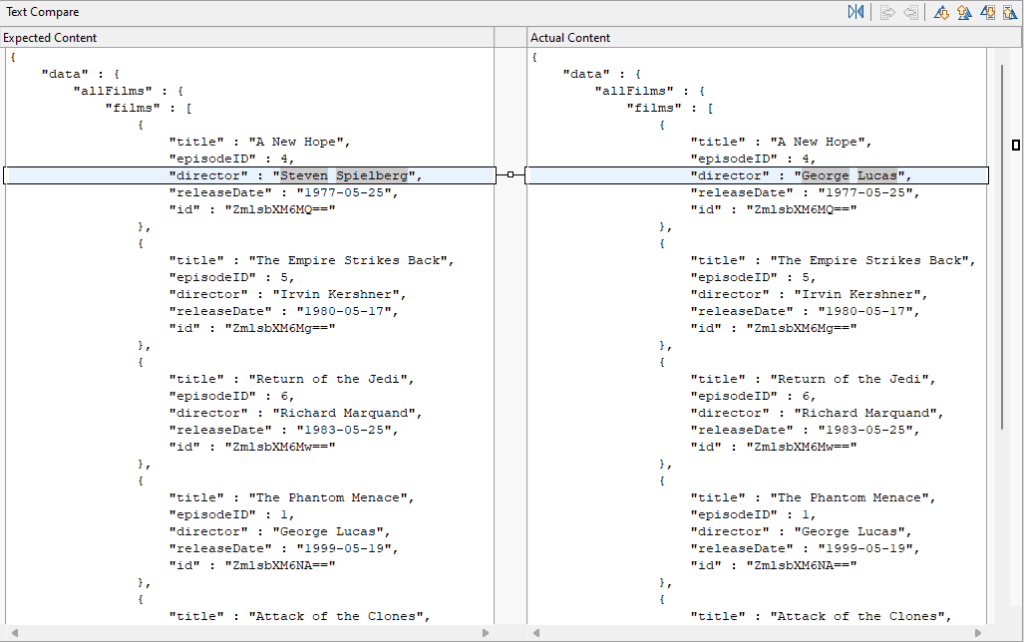 Capture d'écran de Parasoft SOAtest montrant les résultats des tests de GraphQL comparant le contenu attendu et réel.