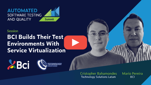 Text on left: BCI Builds Their Test Environments With Service Virtualization with images of speakers on right with play button overlay