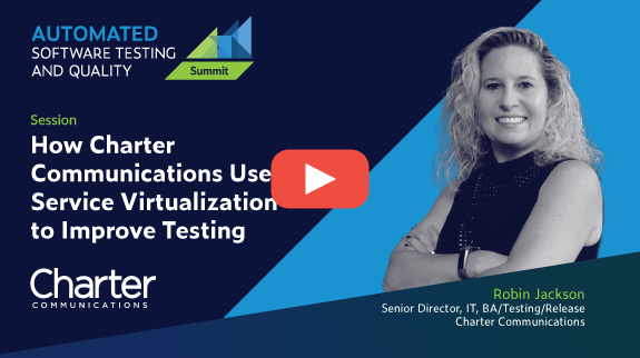 Text on left: How Charter Communications Uses Service Virtualization to Improve Testing with image of speaker on right and play button overlay