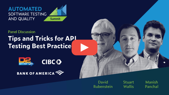 Text on left: Panel: Tips and Tricks for API Testing Best Practices with speaker images on right with play button overlay