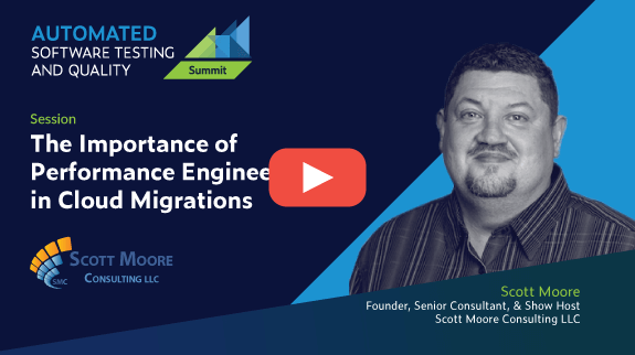 Text on left: The Importance of Performance Engineering in Cloud Migrations with speaker image on right and play button overlay