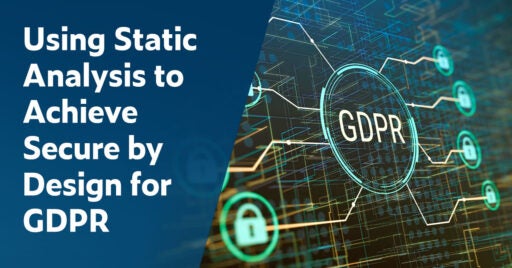 Texte à gauche : Utilisation de l'analyse statique pour garantir la sécurité dès la conception pour le RGPD. L'image abstraite sur la droite montre un cercle marqué GDPR avec des lignes connectées en réseau vers des applications sécurisées représentées par des cercles plus petits avec des cadenas à l'intérieur.