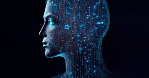 Image showing the side profile of a human filled in with connectors and bright points to portray technology enhanced by artificial intelligence (AI).