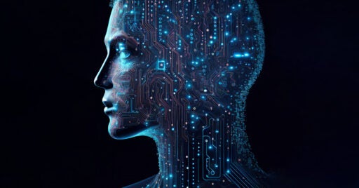 Image montrant le profil latéral d'un humain rempli de connecteurs et de points lumineux pour représenter la technologie améliorée par l'intelligence artificielle (IA).