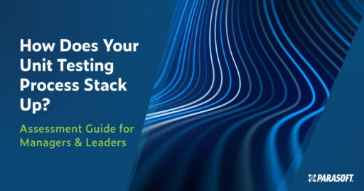 Text on left: How Does Your Unit Testing Process Stack Up? Assessment Guide for Managers & Leaders. Abstract image on the left shows fine parallel vertical wavy lines in varying shades of blue.