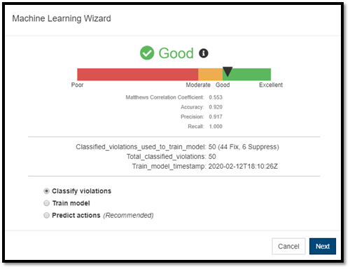 Screenshot showing the Machine Learning Wizard with a Good report for a fixed static analysis finding.
