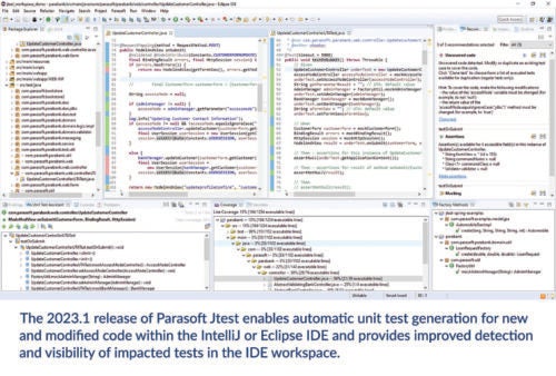 Product screenshot of Parasoft Jtest 2023.1 release showing how it enables automatic unit test generation for new and modified code within the IntelliJ or Eclipse IDE and provides improved detection and visibility of impacted tests in the IDE workspace.