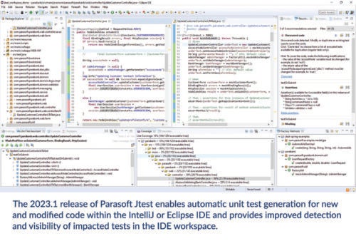 Capture d'écran du produit de la version Parasoft Jtest 2023.1 montrant comment elle permet la génération automatique de tests unitaires pour le code nouveau et modifié dans l'IDE IntelliJ ou Eclipse et fournit une détection et une visibilité améliorées des tests impactés dans l'espace de travail IDE.