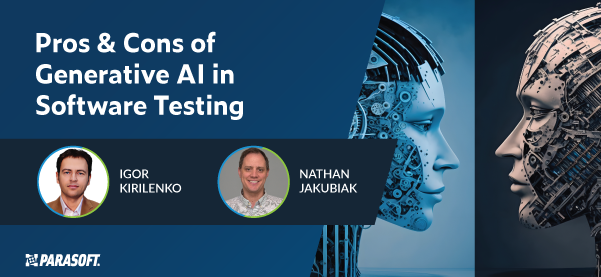 Pros & Cons of Generative AI in Software Testing on left with two graphics of robot heads on right