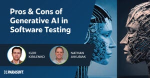 Pros and Cons of Generative AI in Software Testing text on left with graphics of robot heads on the right