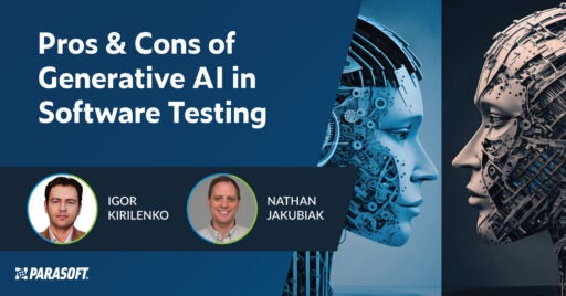 Text „Vor- und Nachteile generativer KI beim Softwaretesten“ links mit Grafiken von Roboterköpfen rechts