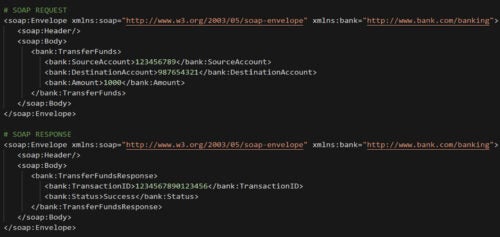 Captura de pantalla que muestra la solicitud SOAP y el código de respuesta SOAP para una aplicación bancaria que usa SOAP para interactuar con un servidor para la administración de cuentas.