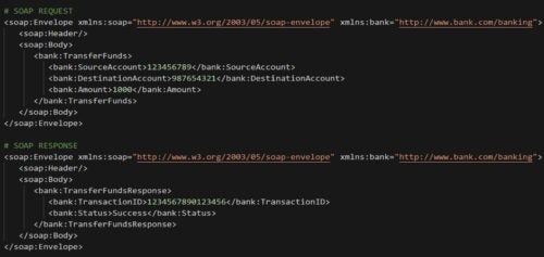 Screenshot mit SOAP-Anfrage- und SOAP-Antwortcode für eine Banking-App, die SOAP zur Interaktion mit einem Server zur Kontoverwaltung verwendet.