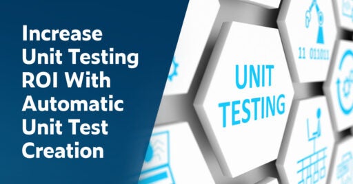 Text on left: Increase Unit Testing ROI With Automatic Unit Test Creation. On the right is a 3D image of multiple white hexagons laid out in a pattern and affixed to a wall. The main one shown in the foreground says Unit Testing. Others show icons representing AI, shopping, continuous testing, and so on.