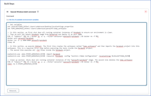 Captura de pantalla de la lista de comandos por lotes de Build Steps de variables de entorno disponibles