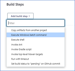 Screenshot of Jenkins Build Steps dropdown options with Execute Windows batch command selected.