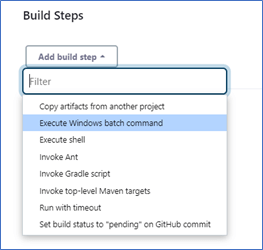 Captura de pantalla de las opciones desplegables de Jenkins Build Steps con Ejecutar comando por lotes de Windows seleccionado.