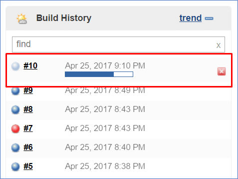 Screenshot of Build History with a running job selected.