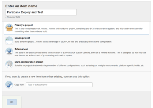 Screenshot of Jenkins showing field where to enter an item name with Parabank Deploy and Test and Freestyle project option selected.