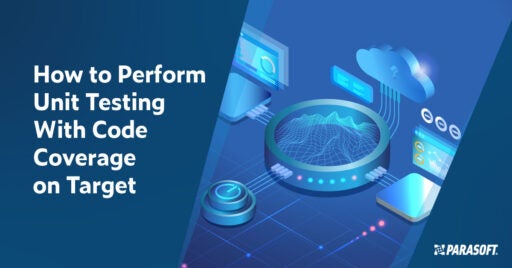 Text on left: How to Perform Unit Testing With Code Coverage on Target. On right is an abstract image of an embedded system with several connected elements.