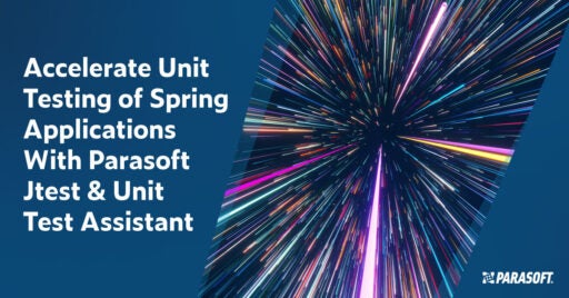 Texto a la izquierda: Acelere las pruebas unitarias de aplicaciones Spring con Parasoft Jtest y Unit Test Assistant. a la derecha hay una imagen en 3D de haces de luz láser que explotan en una variedad de colores brillantes.