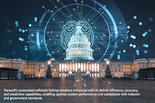Photo of a government building with a glowing light blue overlay image of an outlined brain encircled with data points stemming away from it. Caption reads: Parasoft's automated software testing solutions enhanced with AI deliver efficiency, accuracy, and predictive capabilities, enabling optimal system performance and compliance with industry and government standards.