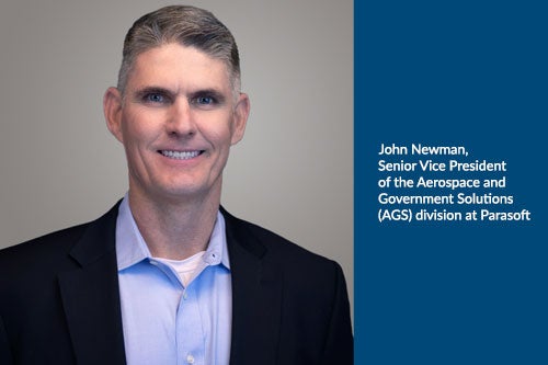 Headshot with caption: John Newman, Senior Vice President of Aerospace and Government Solutions (AGS) division at Parasoft