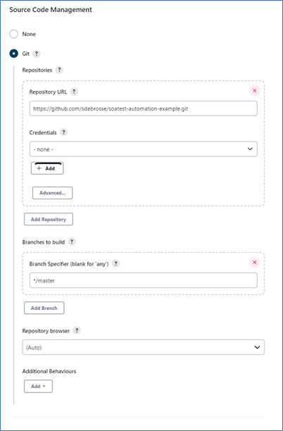 Capture d'écran de la gestion du code source Jenkins