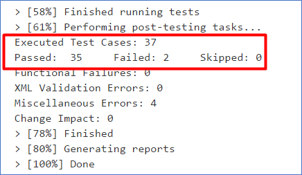 Screenshot mit Testergebnissen, einschließlich der Anzahl der ausgeführten Testfälle, der bestandenen, fehlgeschlagenen und übersprungenen Tests.