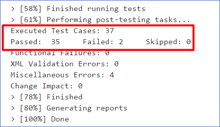 Capture d'écran montrant les résultats des tests, y compris le nombre de cas de test exécutés, de tests réussis, échoués et ignorés.