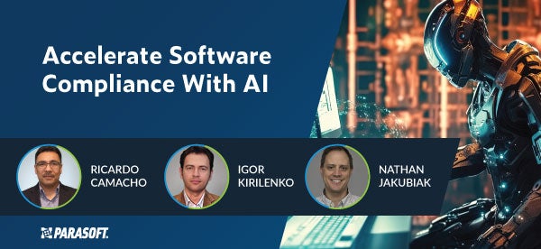 Accelerate Software Compliance with AI on left and image of bot on right