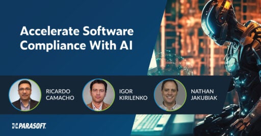 Accelerate Software Compliance With AI text on the left and image of human robot on the right