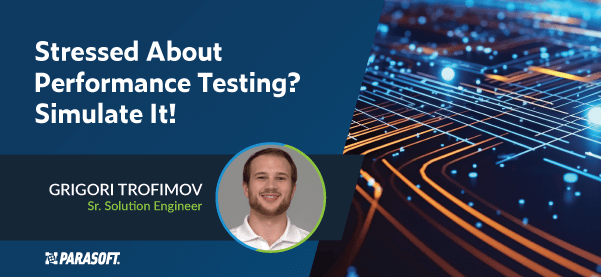 Stressed About Performance Testing? Simulate It! on left with high-tech graphic on right