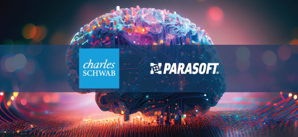 Charles Schwab and Parasoft logos overlayed on a brain graphic