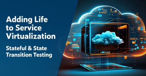 Text on left: Adding Life to Service Virtualization: Stateful & State Transition Testing. On the right is an image of a cloud inside a monitor, which is inside a larger transparent cloud filled with a variety of connected technologies that all require tested with service virtualization/simulation.