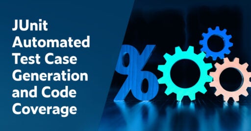 Text on left: JUnit Automated Test Case Generation and Code Coverage. On the right is a graphic of a large blue percentage sign next to three continuous testing spokes in large, medium, and small sizes.