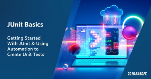 Texto a la izquierda: Conceptos básicos de JUnit: Introducción a JUnit y uso de la automatización para crear pruebas unitarias. El gráfico de la derecha muestra una imagen brillante y de colores brillantes de una computadora portátil con elementos como un teléfono móvil, gráficos de informes y una nube superpuesta y alrededor.