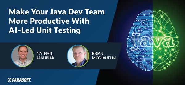 Make Your Java Dev Team More Productive With AI-Led Unit Testing and brain graphic with word "Java" overlay on right