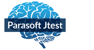 Background image shows an icon of a brain in blue overlaid with Parasoft Jtest.