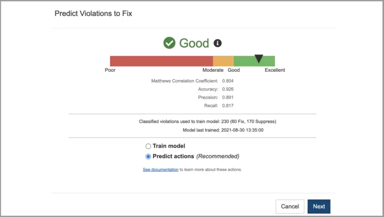 Screenshot of violations report