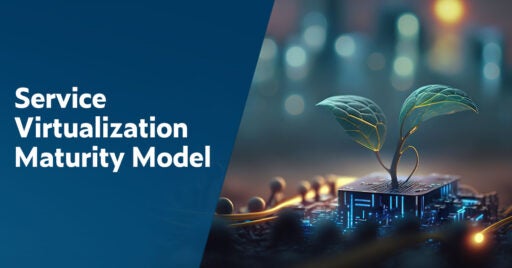 Text on left for blog post: Service Virtualization Model. On the right is an illuminated hardware for an IoT device in the shape of a square with a two tree sprigs popping out to reflect growth.