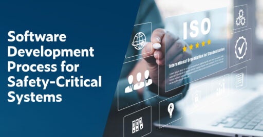 Text on left: Software Development Process for Safety-Critical Systems. On the right is an image showing ISO International Organization for Standardization on a transparent screen at the center with icons representing various parts of the software development compliance process including continuous testing and development teams.