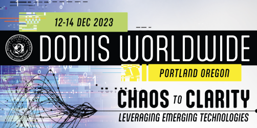 Logo for DoDIIS23 Dec 12-14 in Portland Oregon, Chaos to Clarity, Leveraging Emerging Technologies