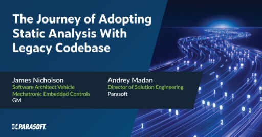 GM’s Journey to Adopting Static Analysis With a Legacy Codebase text on left with graphic of road at night on right